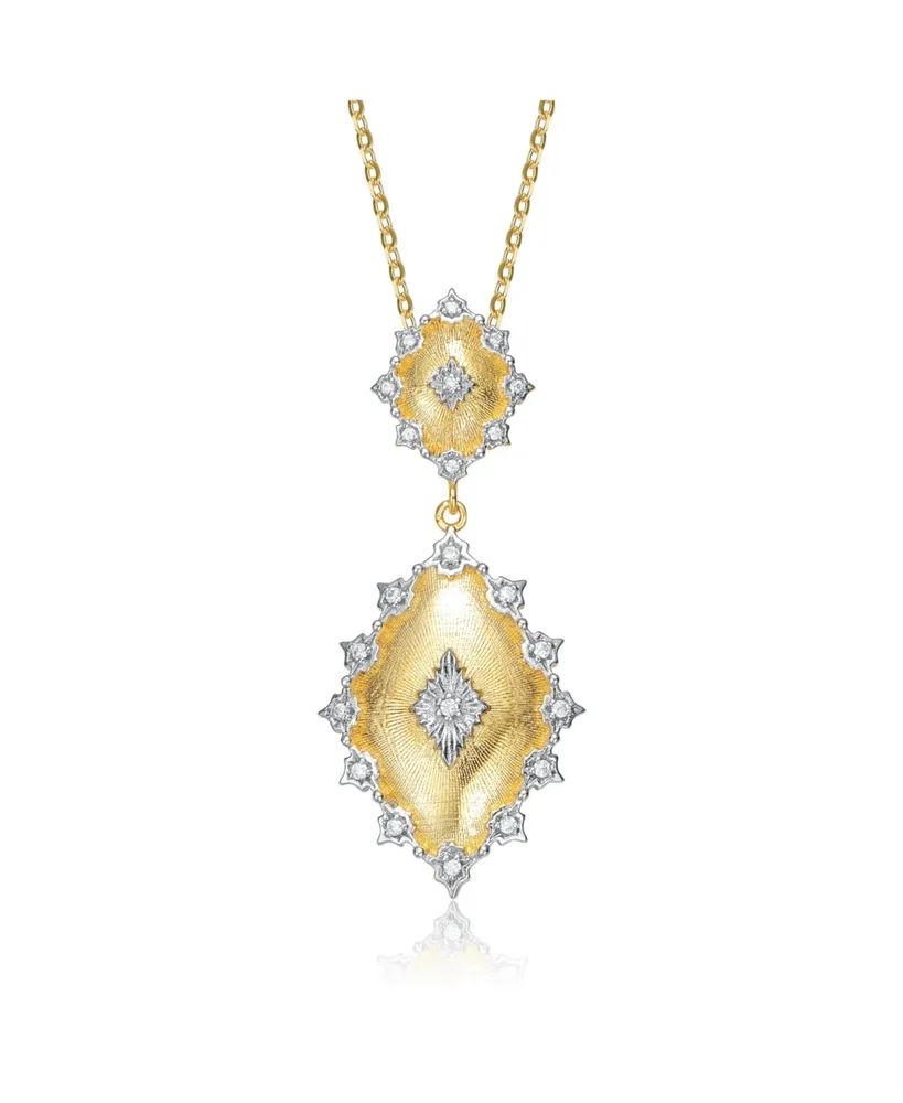 Rachel Glauber White Gold and 14K Gold Plated Cubic Zirconia Designed Pendant Necklace