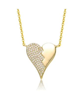 Rachel Glauber 14k Yellow Gold Plated with Cubic Zirconia Broken Cracked Zig-Zag Half & Half Stolen Heart Pendant Necklace