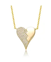 Rachel Glauber 14k Yellow Gold Plated with Cubic Zirconia Broken Cracked Zig-Zag Half & Half Stolen Heart Pendant Necklace