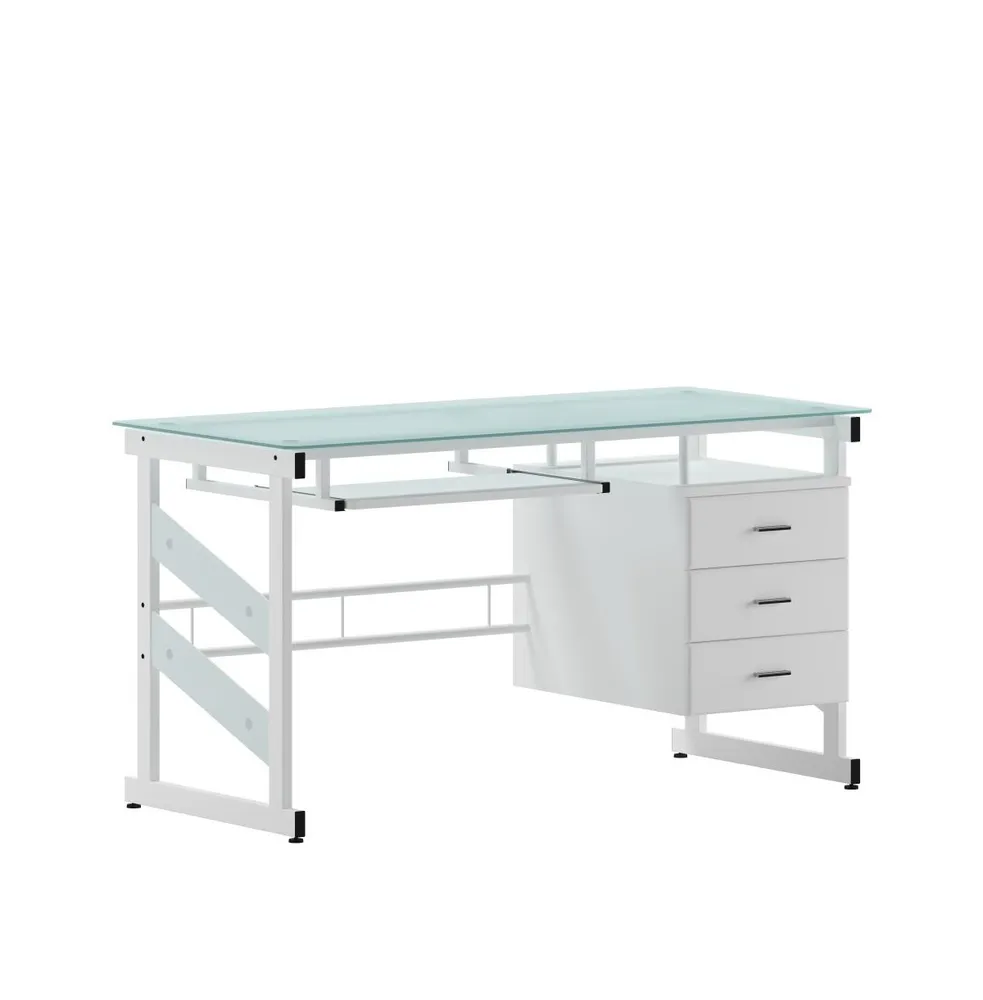 Emma+Oliver White Computer Desk With Frosted Glass Top And Three Drawer Pedestal