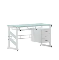 Emma+Oliver White Computer Desk With Frosted Glass Top And Three Drawer Pedestal