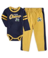 Newborn and Infant Boys Girls Navy, Gold Notre Dame Fighting Irish Little Kicker Long Sleeve Bodysuit Sweatpants Set