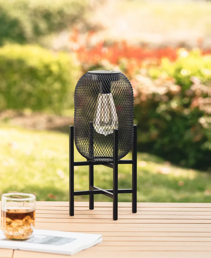 Glitzhome 14.25" H Metal Mesh Solar Powered Outdoor Lantern with Stand, Set of 2