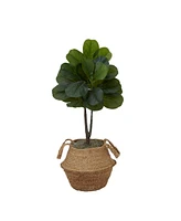 Artificial Fiddle 3' Leaf Fig Tree with Handmade Cotton Jute Woven Planter Diy Kit, Set of 2