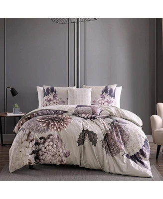 Bebejan Dahlia Purple Bedding 200 Thread Count 100% Cotton Sateen 5 Piece Reversible King Comforter Set