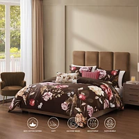 Bebejan Floral Garden on Mocha Bedding 200 Thread Count 100% Cotton Sateen 5 Piece Reversible King Comforter Set
