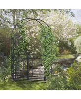 Outsunny 81" Metal Garden Arbor with Double Doors, Locking Gate, Climbing Vine Frame with Heart Motifs, Arch for Wedding, Bridal Party Decoration, Gre