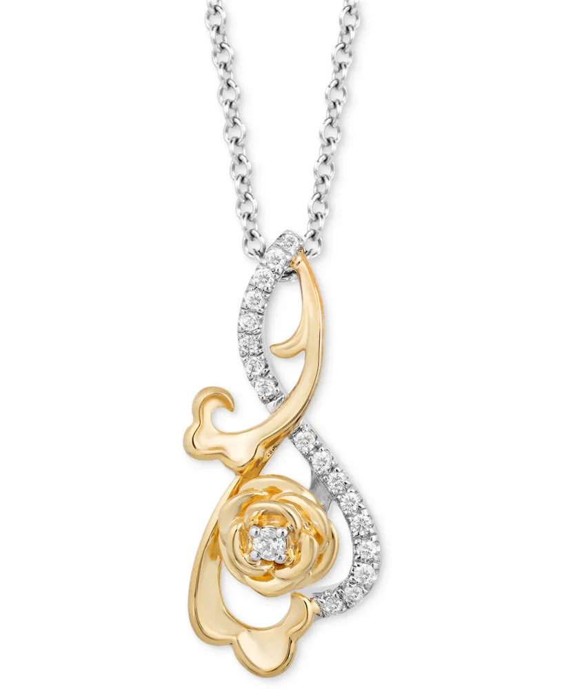 Enchanted Disney Fine Jewelry Diamond Belle Rose Pendant Necklace (1/6 ct. t.w.) in Sterling Silver & 10k Gold, 16" + 2" extender - Two