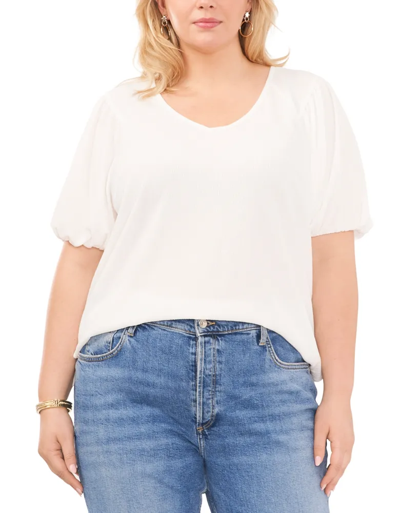 Vince Camuto Plus Size Textured V-Neck Puff-Sleeve Top