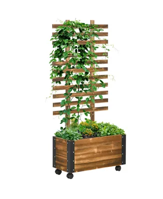 Outsunny Raised Garden Bed, Wooden Planter with Trellis and Metal Corners, Portable on Wheels, to Grow Vegetables, Herbs, and Flowers for Patio, Backy