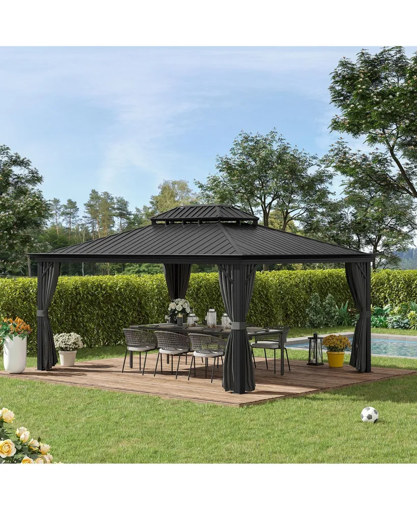 Outsunny Patio Gazebo 16' x 12', Netting & Curtains, 2 Tier Double Vented Steel Roof, Permanent Hardtop, Ceiling Hooks, Rust Proof Aluminum Frame for