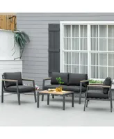 Outsunny 4 Piece Patio Furniture Set Aluminum Conversation Set Outdoor Garden Sofa Set w/ 2 Armchairs, 1 Loveseat Sofa, 1 Center Coffee Table, Soft Cu