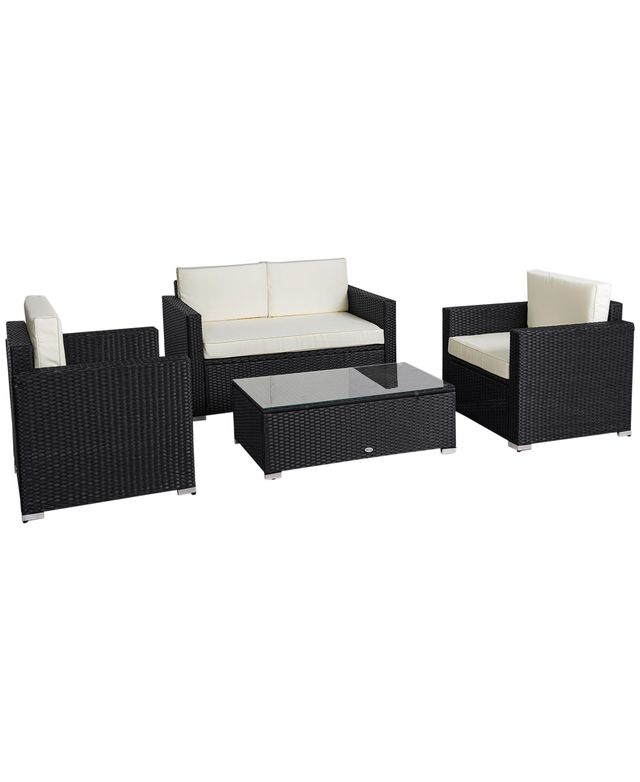 Outsunny 4-Piece Rattan Wicker Furniture Set, Outdoor Cushioned Conversation Furniture with 2 Chairs, Loveseat, and Glass Coffee Table, White