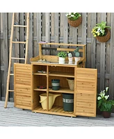 Outsunny Backyard Garden Tool Storage & Potting Bench w/ 2 Magnetic Close Doors