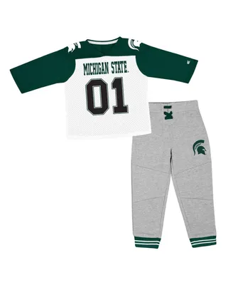Toddler Boys Colosseum Green, Heather Gray Michigan State Spartans Jingtinglers Football V-Neck Jersey T-shirt and Pants Set