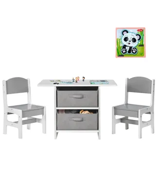 Costway Kids Art Play Wood Table and 2 Chairs Set w/ Storage Baskets Puzzle