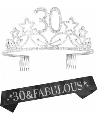 30th Birthday Sash and Tiara for Women - Fabulous Glitter Sash + Stars Rhinestone Premium Metal Tiara for Her, 30th Birthday Gifts for 30 Party