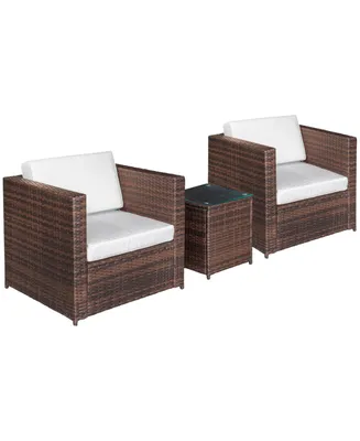 Outsunny 3 Pieces Patio Bistro Set, Outdoor Pe Rattan Wicker Porch Furniture W/ Washable Cushion and Tempered Glass Tabletop Coffee Table