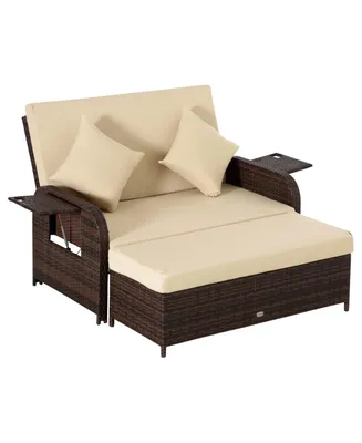 Outsunny Patio Wicker Loveseat Sofa Set, Outdoor Pe Rattan Garden Assembled Sun Lounger Daybed Furniture