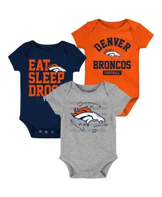 Newborn and Infant Boys Girls Orange, Navy Denver Broncos Eat Sleep Drool Football Three-Piece Bodysuit Set