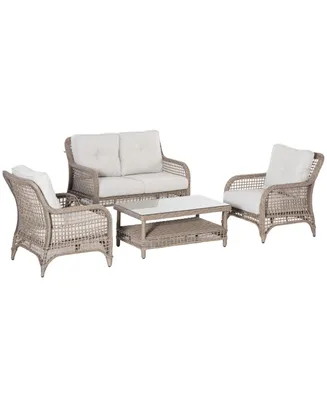 Outsunny 4pc Outdoor Patio Furniture Set, 2 Plastic Rattan Chairs, 1 Pe Wicker Loveseat Sofa, 1 2-Tier Center Coffee Table w/ Tempered Glass Table