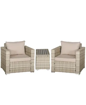 Outsunny 3-Piece Pe Rattan Wicker Sofa Sets Outdoor Armchair Sofa Furniture Set w/ Plastic Wood Grain Side Table and Washable Cushions, Grey