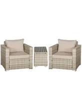 Outsunny 3-Piece Pe Rattan Wicker Sofa Sets Outdoor Armchair Sofa Furniture Set w/ Plastic Wood Grain Side Table and Washable Cushions, Grey
