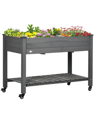 Outsunny 46.5" x 21.75" Raised Garden Bed, Elevated Wooden Planter Box w/ Lockable Wheels, Storage Shelf, and Bed Liner for Backyard, Patio, Dark Gray