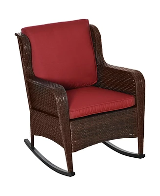 Outsunny Wicker Rocking Chair, Outdoor Rocker w/ Cushions, Wine