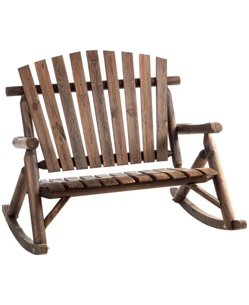 Outsunny Porch Rocking Chair Loveseat, Rustic Log Adirondack 2-Seat Outdoor Rocker, Wooden & Slatted for Indoor, Outdoor & Patio, Carbonized