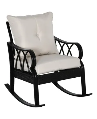 Outsunny Outdoor Wicker Rocking Chair with Padded Cushions, Aluminum Furniture Rattan Porch Rocker Chair w/ Armrest for Garden, Patio, and Backyard