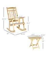 Outsunny Front Porch Rocking Chair & Table, Outdoor Wooden Patio Rocker & Foldable Table for Backyard, Garden, Natural