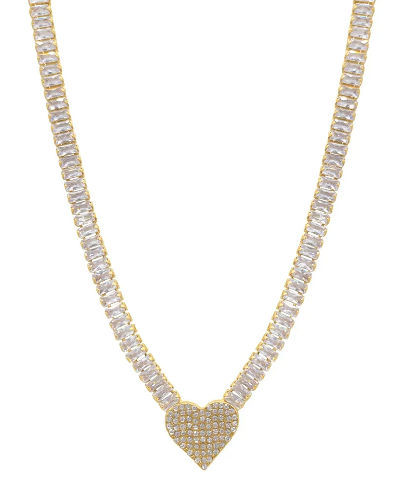 Adornia 17.5" Baguette Tennis Necklace 14K Gold Plated with Pave Heart Pendant