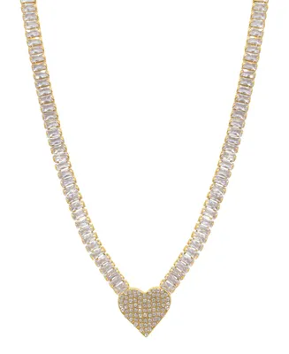 Adornia 17.5" Baguette Tennis Necklace 14K Gold Plated with Pave Heart Pendant