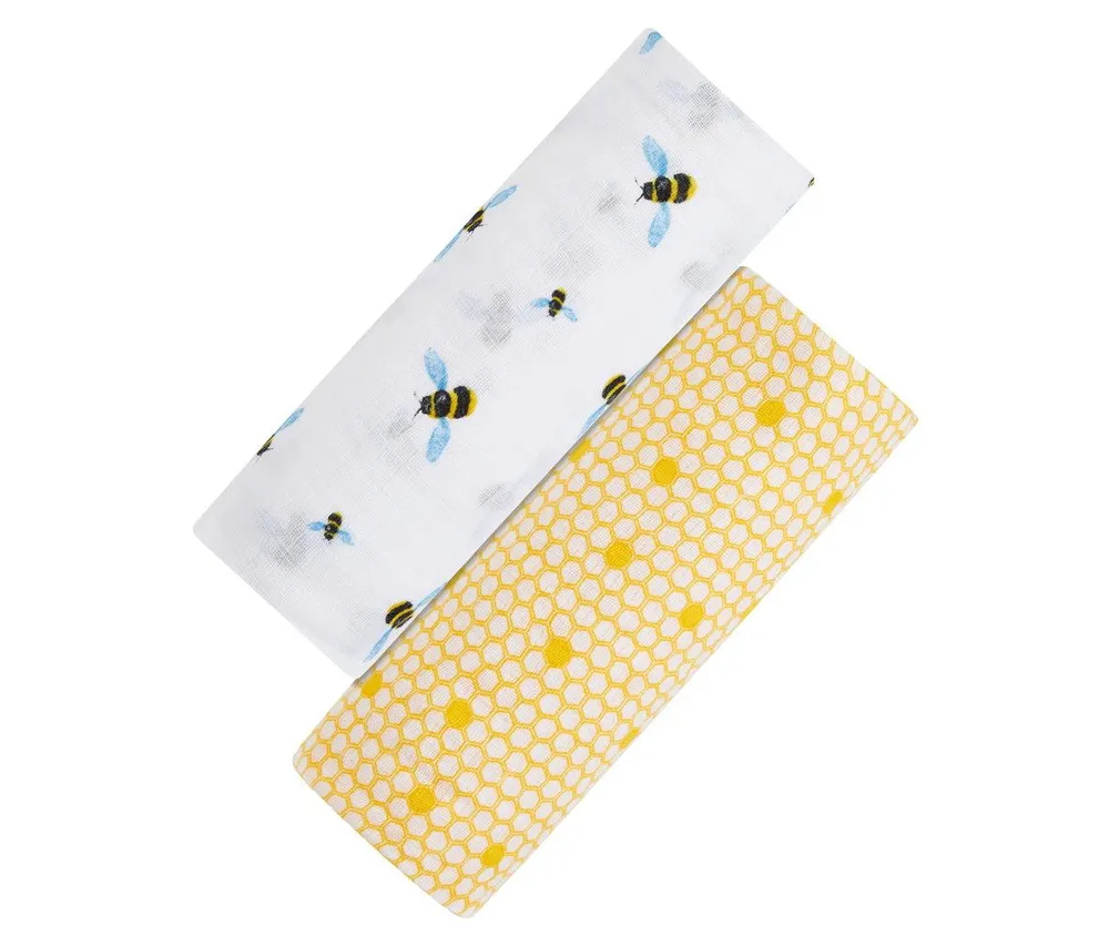 Gots Certified Organic Muslin Swaddle - Two-Pack Gift Set, Busy Bees (Bee + Bee Hive)