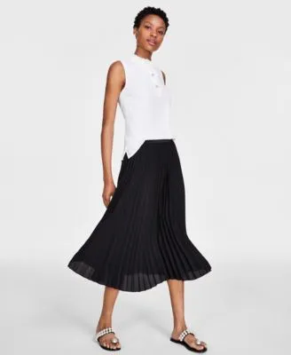 Cece Womens Sleeveless Rhinestone Embellished Blouse Elastic Waist Pleated Pull On Midi Skirt