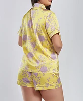 iCollection Plus Satin Print 2 Piece Notched Short Sleeve and Shorts Pajama Set - Yellow