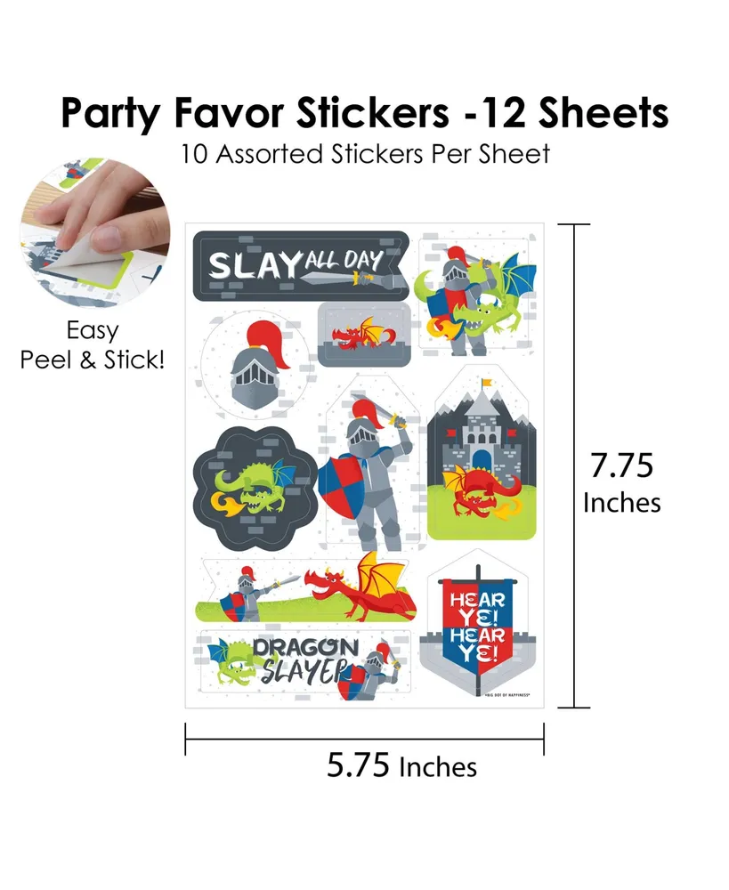 Calling All Knights and Dragons Party Favor Sticker 12 Sheets 120 Stickers