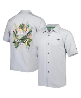 Men's Tommy Bahama Gray New England Patriots Coconut Point Frondly Fan Camp IslandZone Button-Up Shirt