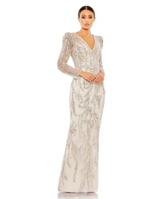 Women's Embellished Puff Sleeve V Neck Gown