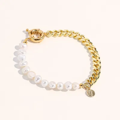 Joey Baby 18K Gold Plated Freshwater Pearl with Cuban Chain - Lauren Bracelet 9" For Women and Girls