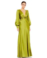 Women's Ieena Charmeuse Bishop Sleeve V Neck Gown