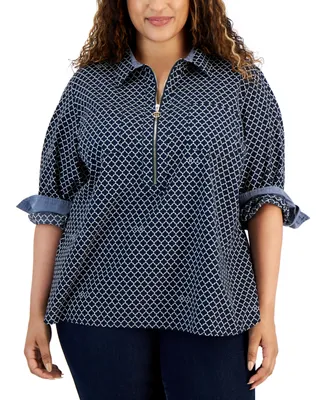 Tommy Hilfiger Plus Size Printed Half-Zip Roll-Tab-Sleeves Cotton Logo Popover