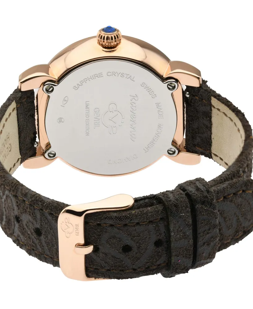 GV2 by Gevril Women's Ravenna Swiss Quartz Floral Brown Leather Watch 37mm