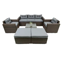 6 Piece Patio Rattan Wicker Outdoor Furniture Conversation Sofa Set With Removable Cushions