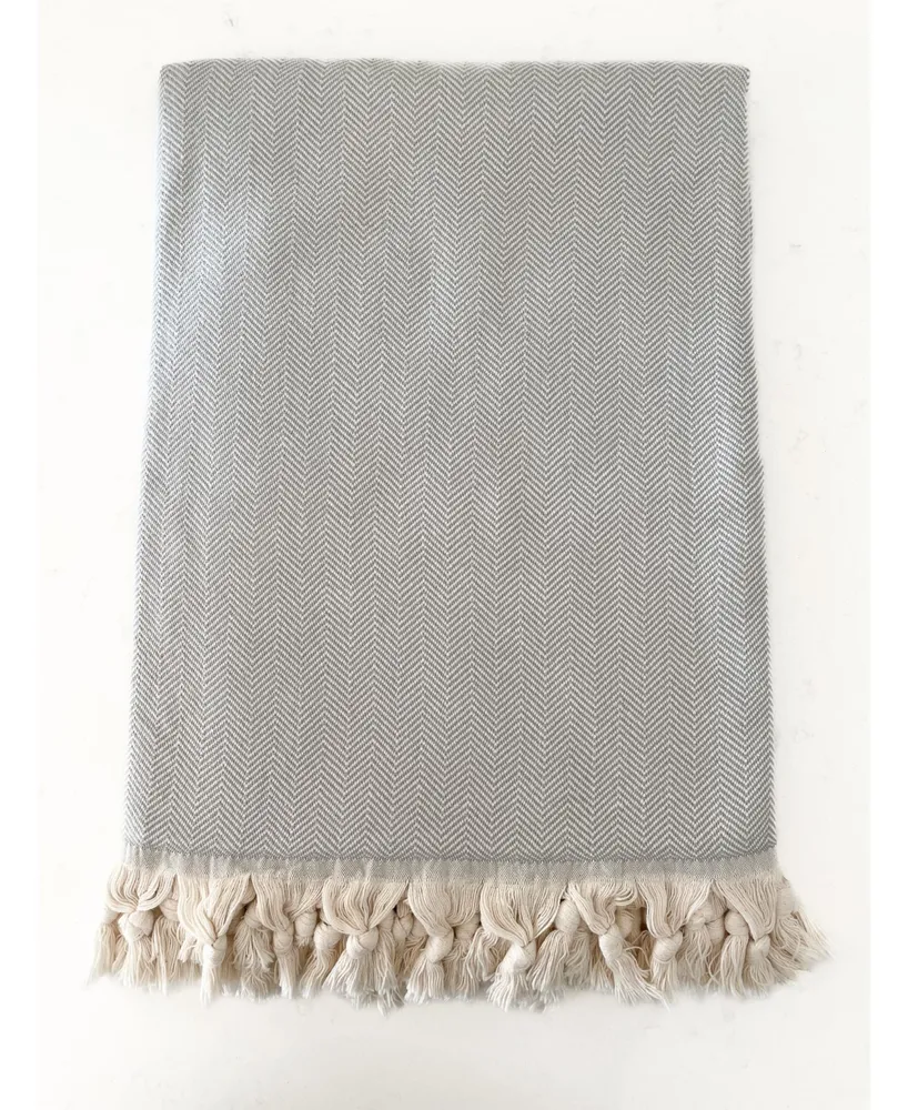 Grey Turkish Cotton Herringbone Throw Blanket with Tassels 55x75