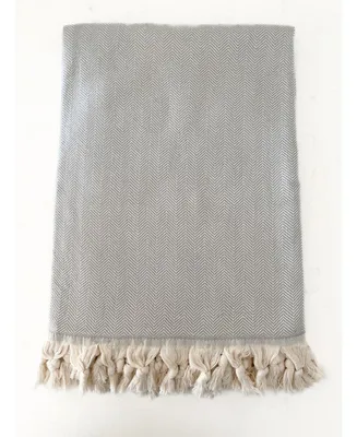 Grey Turkish Cotton Herringbone Throw Blanket with Tassels 55x75