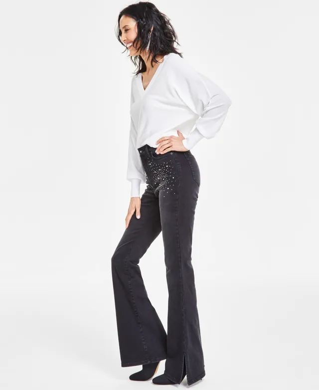 I.n.c. International Concepts Women's High-Rise Rhinestone-Studded Flare  Jeans, Created for Macy's