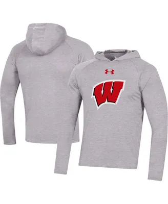 Men's Under Armour Heather Gray Wisconsin Badgers School Logo Raglan Long Sleeve Hoodie Performance T-shirt