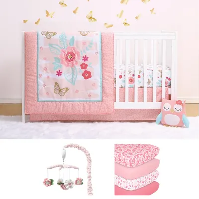 The Peanutshell Aflutter 8 Piece Baby Nursery Crib Bedding Set, Quilt, Crib Sheets, Crib Skirt, and Crib Mobile